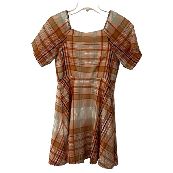Madewell Silk Blend Orange Shimmer Plaid Mini Dress 2 NWT prairie boho - Picture 10 of 15